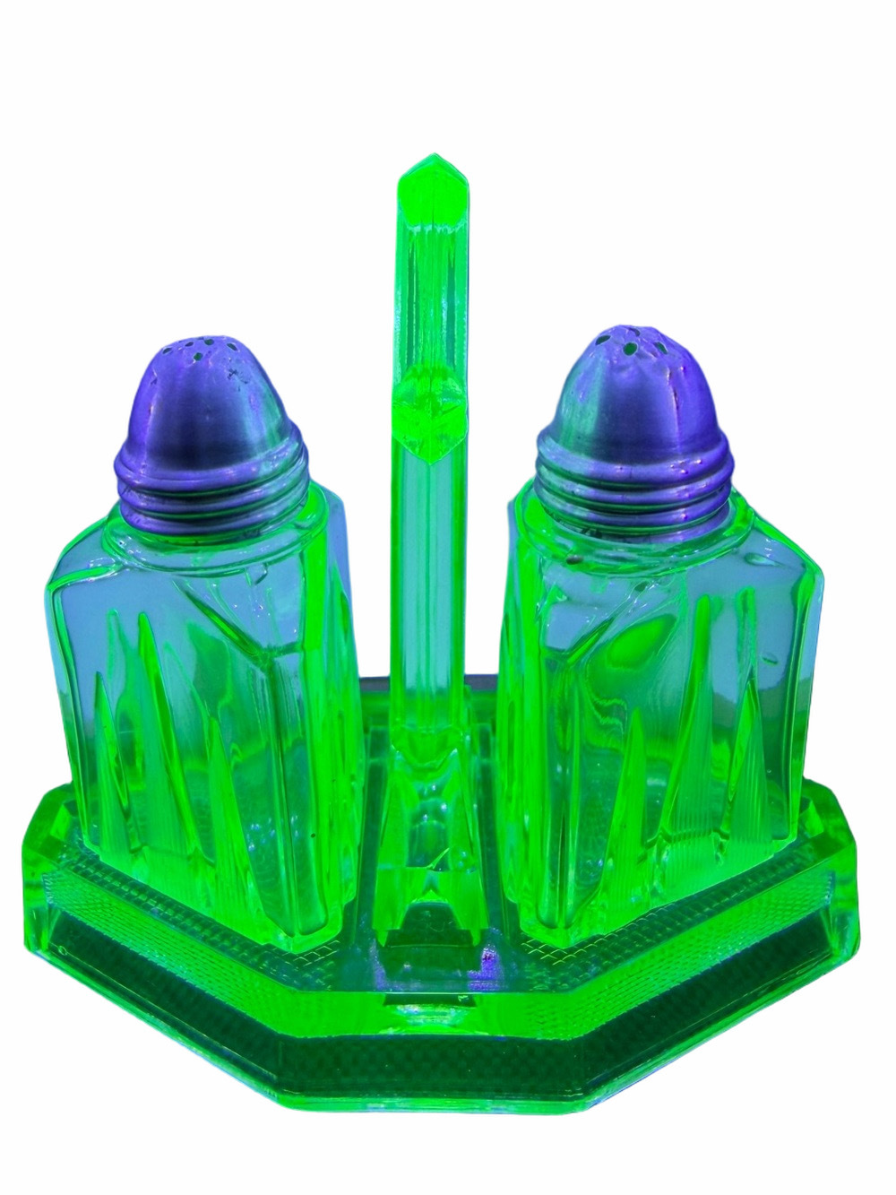 Art Deco Uranium Glass Vaseline Green Salt & Pepper Shakers W/ Caddy Antique - Picture 3 of 15